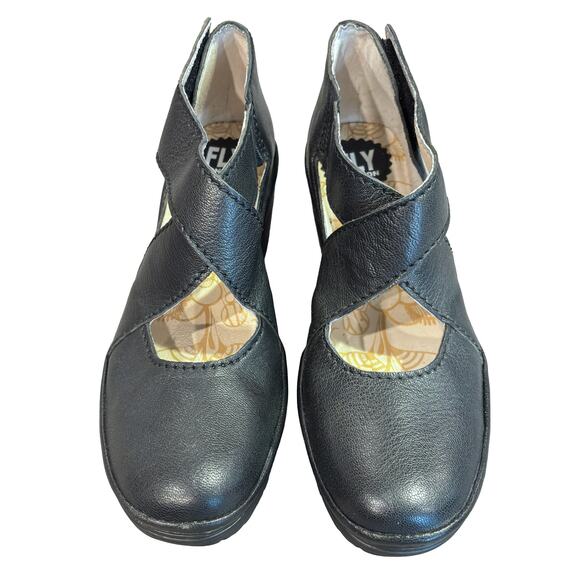 Fly London Black Leather Yogo Platform Criss Cross Wedges Women's Size 8-8.5 - Picture 3 of 12